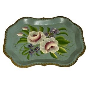 Vintage tin tole painted tip tray hand painted small size green & pink floral